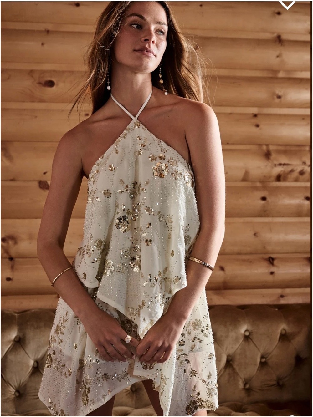 Sequin Halter Handkerchief Hem Women's Top - White & Gold